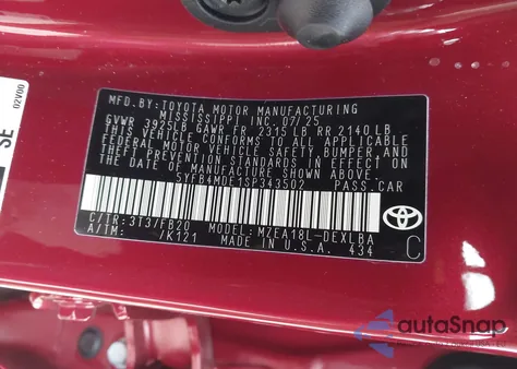 2025 Toyota Corolla Le z USA, uszkodzony, nr VIN 5YFB4MDE1SP343502